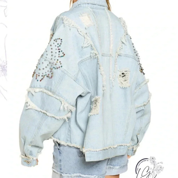POL Shimmering Jewel Denim Jean Jacket Beaded Distressed Size Large - Picture 2 of 16